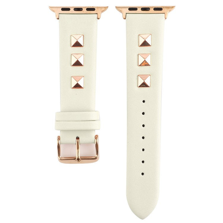 Genuine Leather Watch Strap Smart Watch Band with Rose Gold Fastener for Apple Watch Series 10 42mm / 9 8 7 41mm / SE (2023) SE (2022) SE 6 5 4 40mm / 3 2 1 38mm - Beige