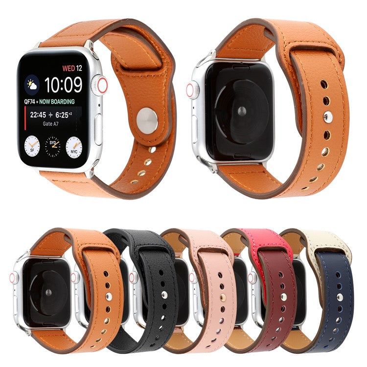Genuine Leather Rivet Buckle Smart Watch Band for Apple Watch Series 10 42mm / 9 8 7 41mm / SE (2023) SE (2022) SE 6 5 4 40mm / 3 2 1 38mm - Pink