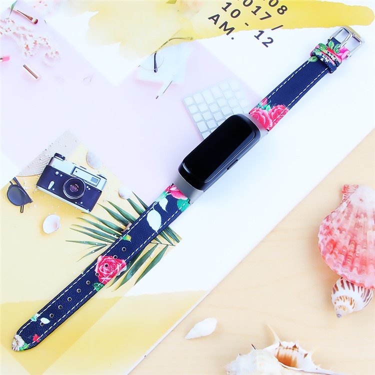 Top Layer Cowhide Leather Watchband Replacement for Samsung Galaxy Fit SM-R370 - Black/Red Flower