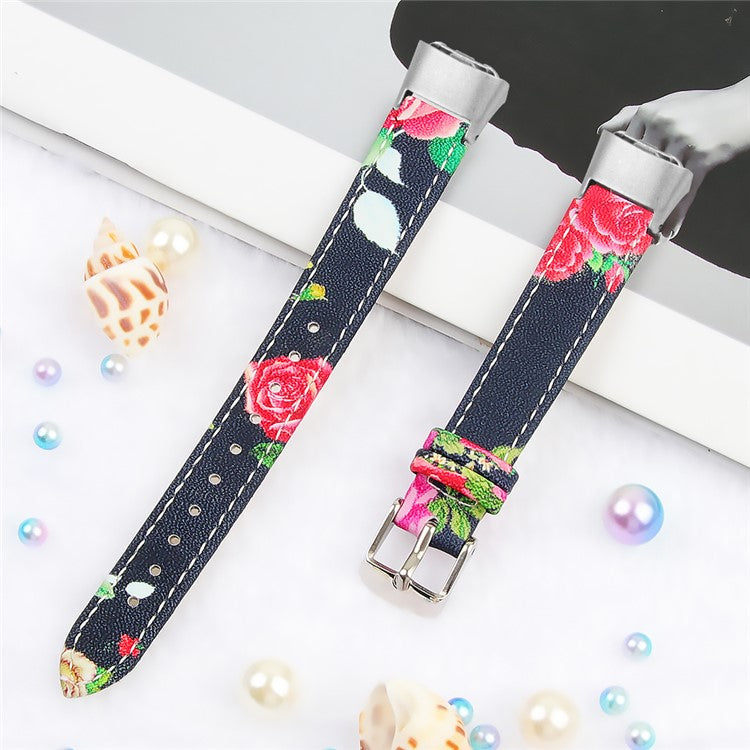 Top Layer Cowhide Leather Watchband Replacement for Samsung Galaxy Fit SM-R370 - Black/Red Flower