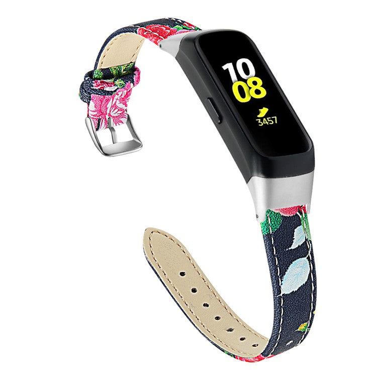 Top Layer Cowhide Leather Watchband Replacement for Samsung Galaxy Fit SM-R370 - Black/Red Flower