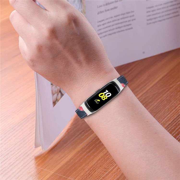 Top Layer Cowhide Leather Watchband Replacement for Samsung Galaxy Fit SM-R370 - Black/Red Flower