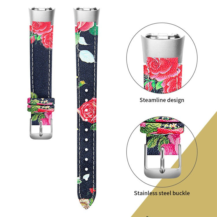 Top Layer Cowhide Leather Watchband Replacement for Samsung Galaxy Fit SM-R370 - Black/Red Flower