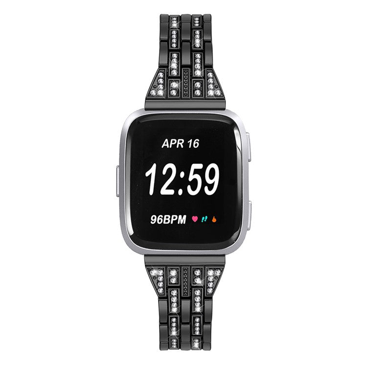 Five Beads Dual Rows Rhinestone Decor Stainless Steel Watch Band Replacement for Fitbit Versa - Black