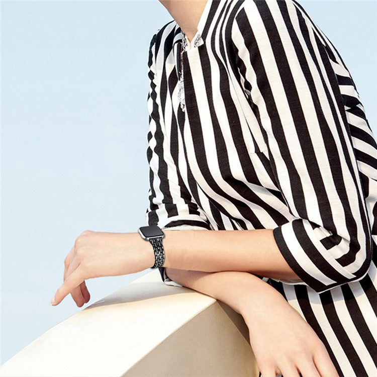 Five Beads Dual Rows Rhinestone Decor Stainless Steel Watch Band Replacement for Fitbit Versa - Black