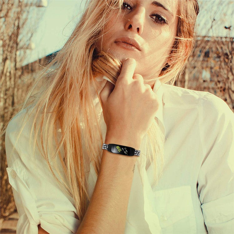 Rhinestone Decor Stainless Steel Watchband Watch Strap for Samsung Galaxy Fit-e/SM-R375 - Black