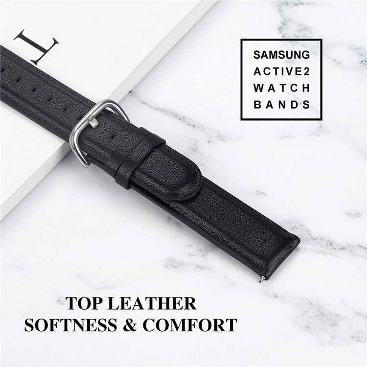 20mm Top Genuine Leather Smart Watch Strap Replacement for Samsung Galaxy Watch4 Classic 46mm 42mm/Watch4 44mm 40mm/Watch Active2 44mm - Black