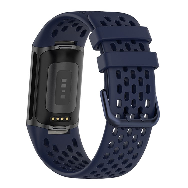 Soft Silicone Sport Replacement Watch Strap with Breathable Holes for Fitbit Charge 6 / 5 - Navy Blue
