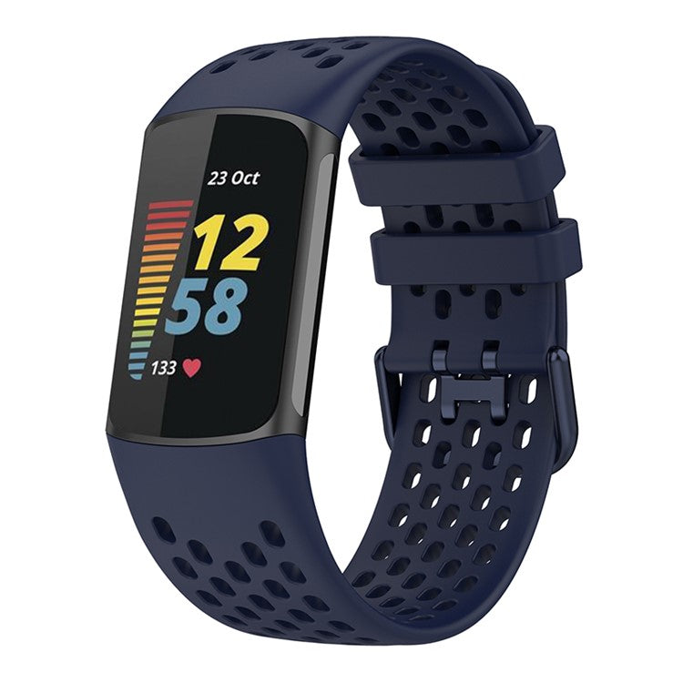 Soft Silicone Sport Replacement Watch Strap with Breathable Holes for Fitbit Charge 6 / 5 - Navy Blue
