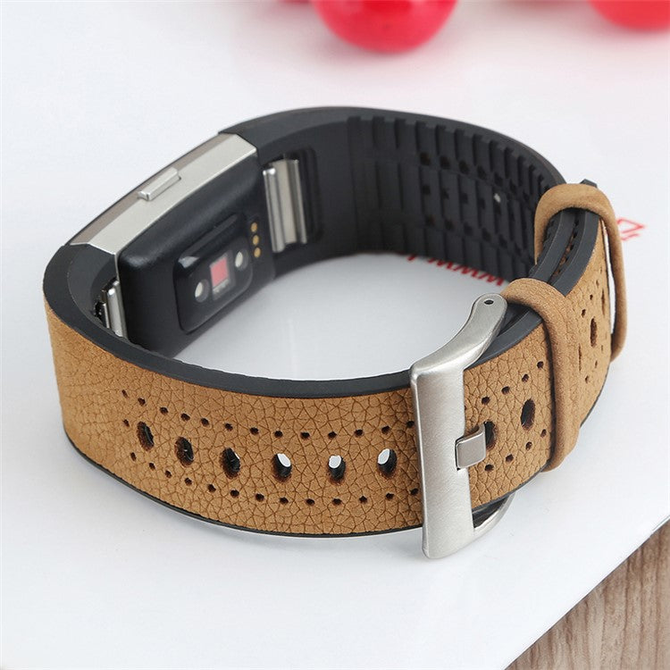 TPU+Cowhide Leather Breathable Adjustable Wrist Strap Replacement Smart Watch Band for Fitbit Charge 2/Charge 2 HR - Brown