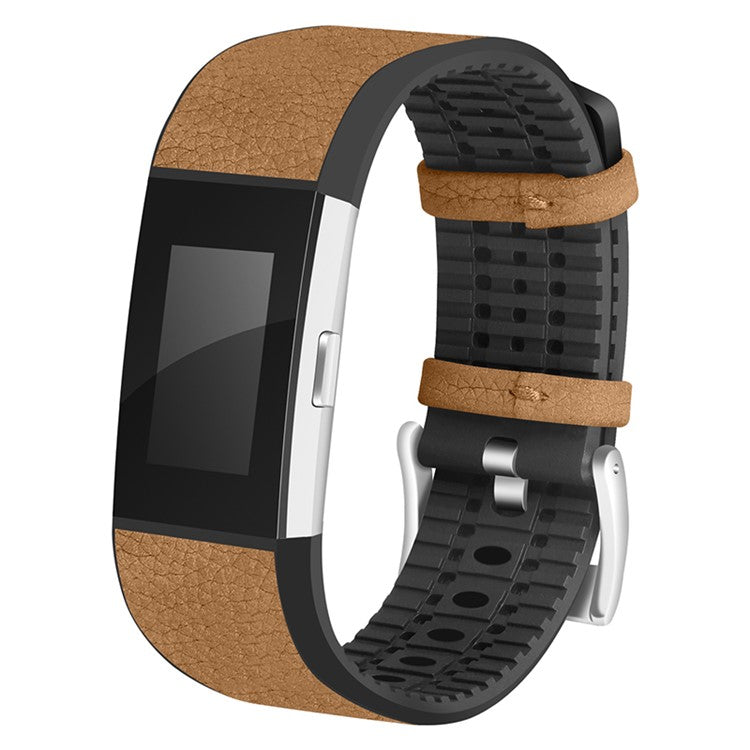TPU+Cowhide Leather Breathable Adjustable Wrist Strap Replacement Smart Watch Band for Fitbit Charge 2/Charge 2 HR - Brown