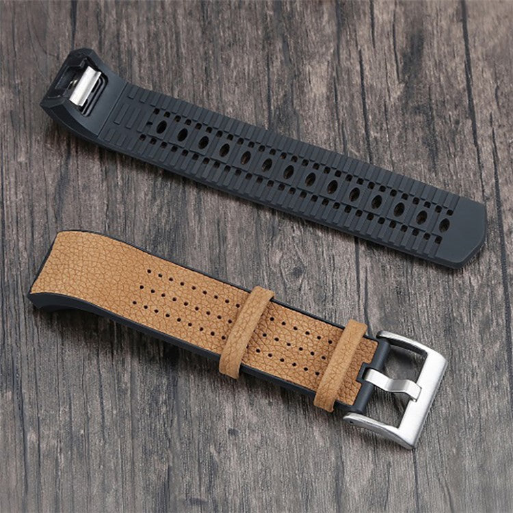 TPU+Cowhide Leather Breathable Adjustable Wrist Strap Replacement Smart Watch Band for Fitbit Charge 2/Charge 2 HR - Brown
