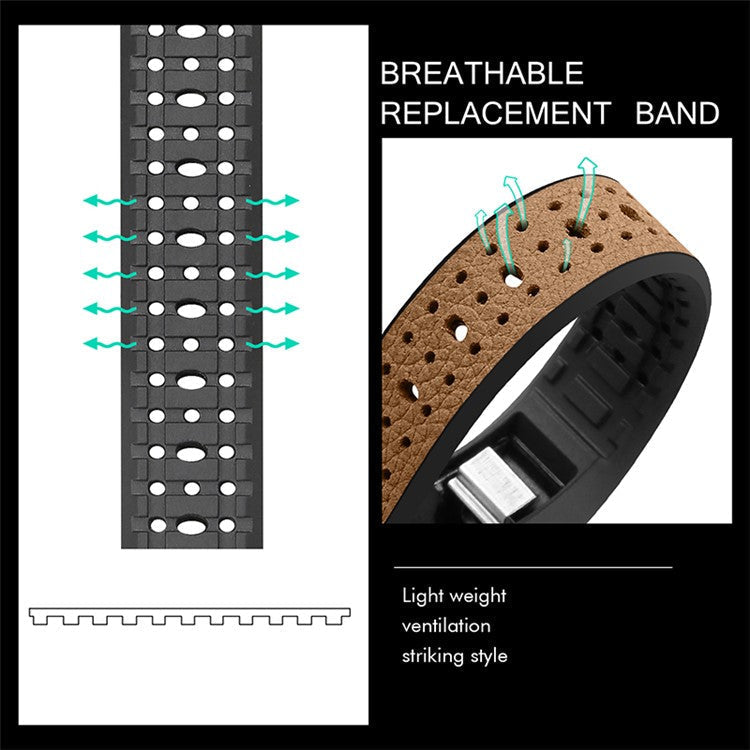 TPU+Cowhide Leather Breathable Adjustable Wrist Strap Replacement Smart Watch Band for Fitbit Charge 2/Charge 2 HR - Brown