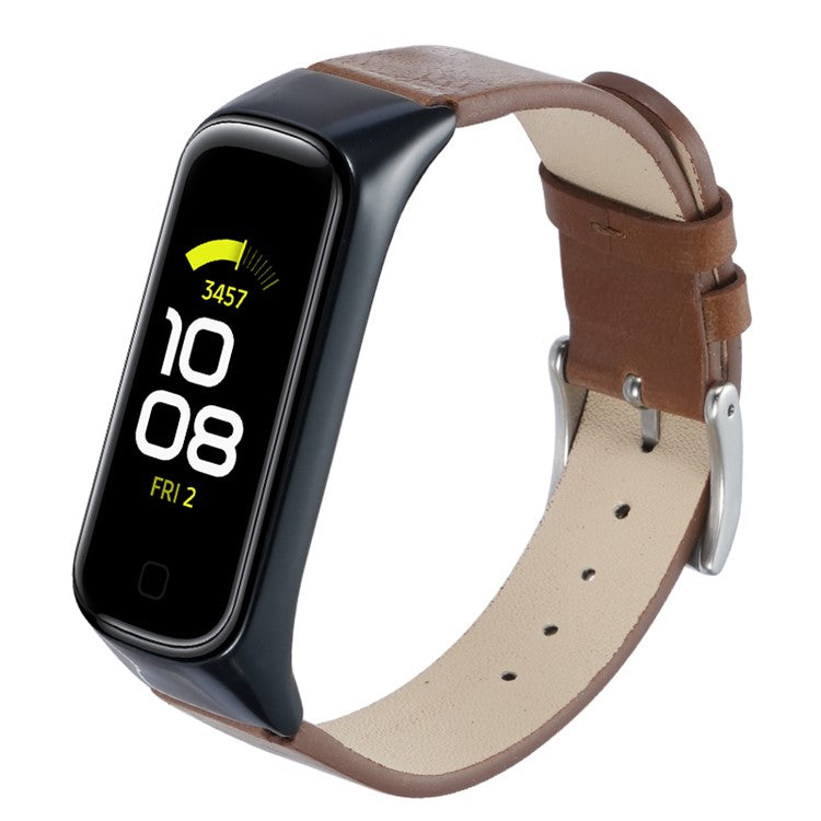 For Samsung Galaxy Watch Fit 2 SM-R220 Watch Band with Case Genuine Cow Leather Strap Protective Cover - Black+Brown