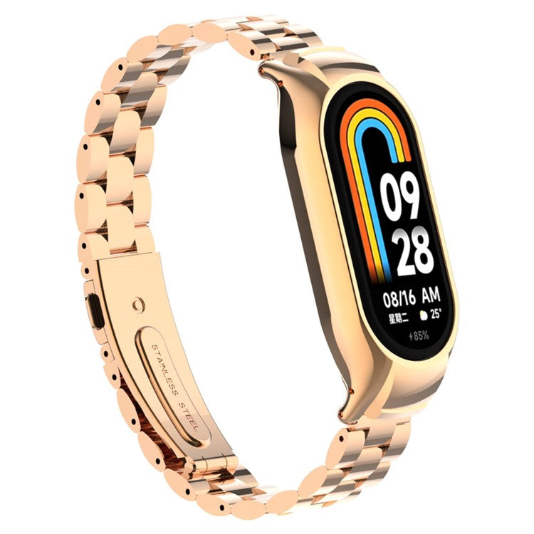 For Xiaomi Smart Band 8 Metal Watch Band 3-Bead Strap Replacement with Watch Case - Rose Gold