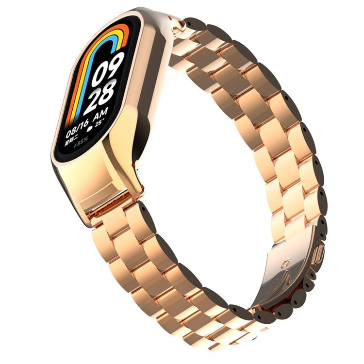 For Xiaomi Smart Band 8 Metal Watch Band 3-Bead Strap Replacement with Watch Case - Rose Gold