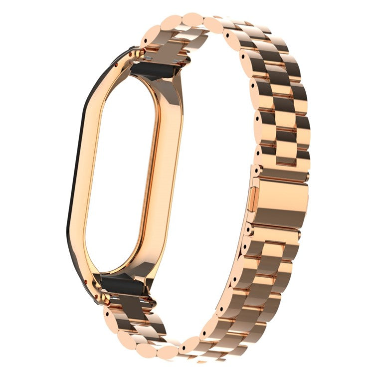 For Xiaomi Smart Band 8 Metal Watch Band 3-Bead Strap Replacement with Watch Case - Rose Gold