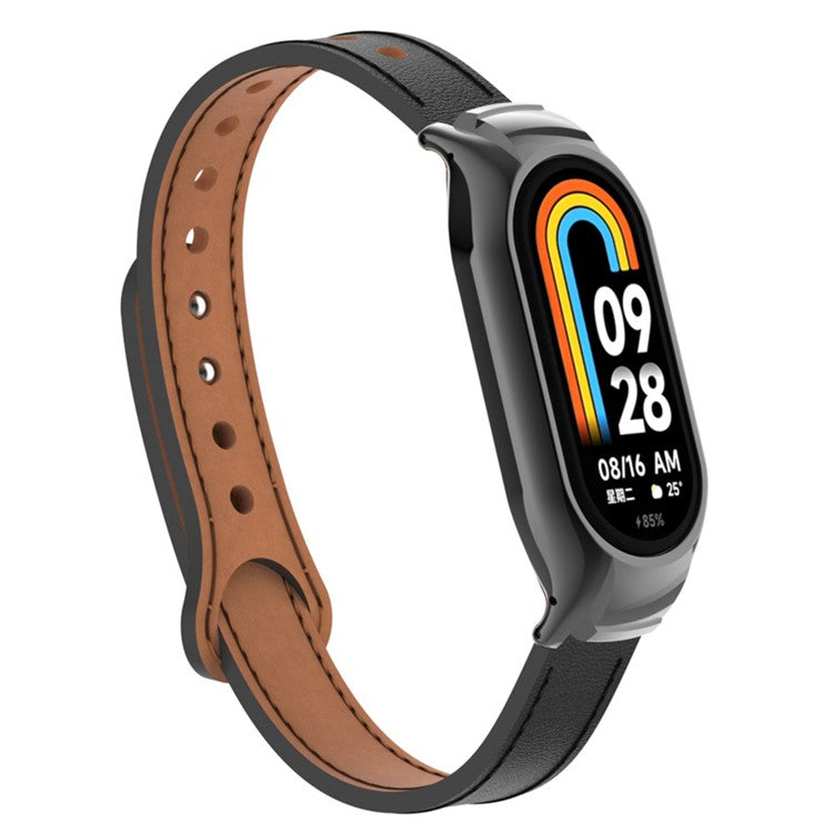 For Xiaomi Smart Band 8 Microfiber Leather Watch Band Soft Strap with Metal Frame Case - Black