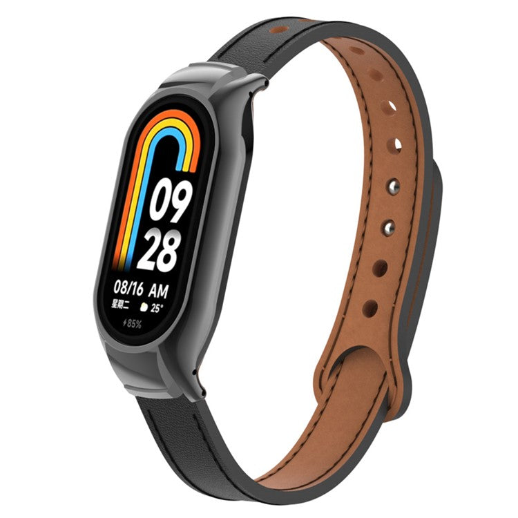For Xiaomi Smart Band 8 Microfiber Leather Watch Band Soft Strap with Metal Frame Case - Black