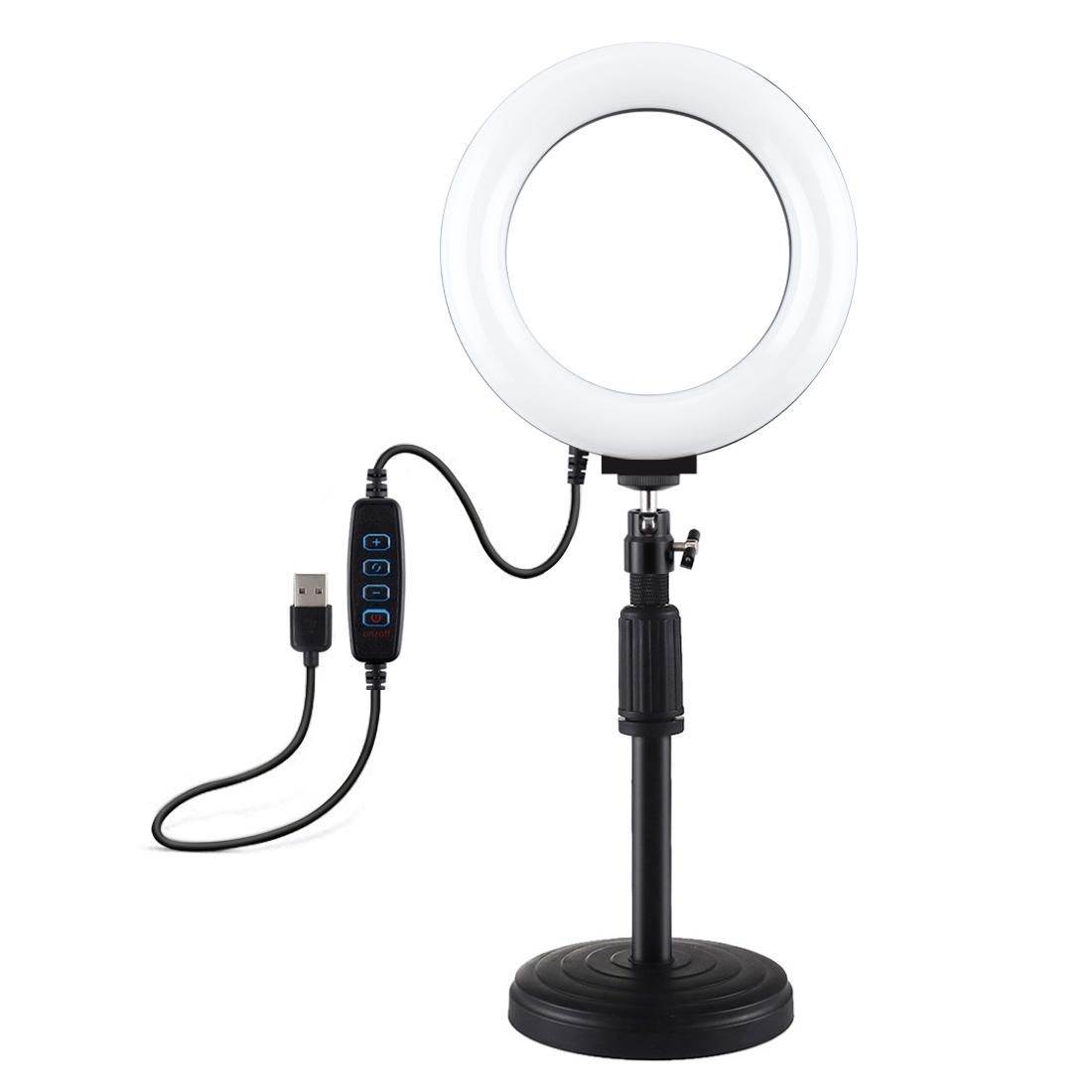 PULUZ Round Base Desktop Mount + 6.2 inch 3 Modes USB Dimmable LED Ring Vlogging Video Light, Adjustable Height: 18cm-28cm