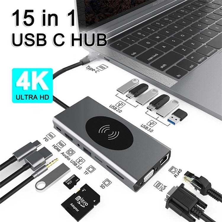 15-in-1 USB C Hub 10W Wireless Charger Type C to 4K Resolution HD Video 1080P VGA PD TF 3.5mm Adapter USB 3.0 Splitter 1000M RJ45