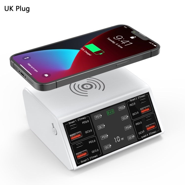 10W Wireless Phone Charger QC 3.0 PD USB Fast Charger Multi USB Ports Fast Charging Station - White//UK Plug