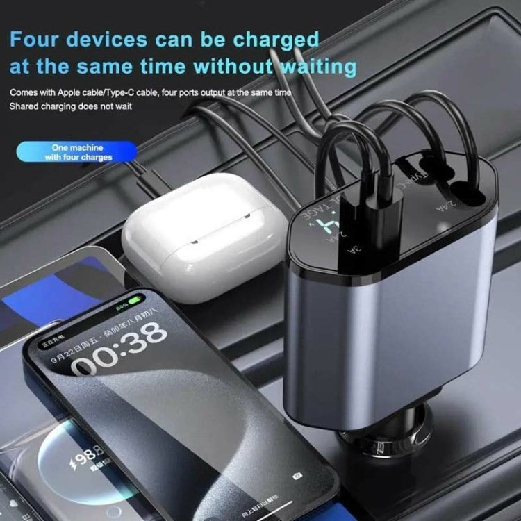 USB+Type-C Dual Port Fast Charging Cigarette Lighter Car Charger with Retractable Cable - Type-C+Type-C