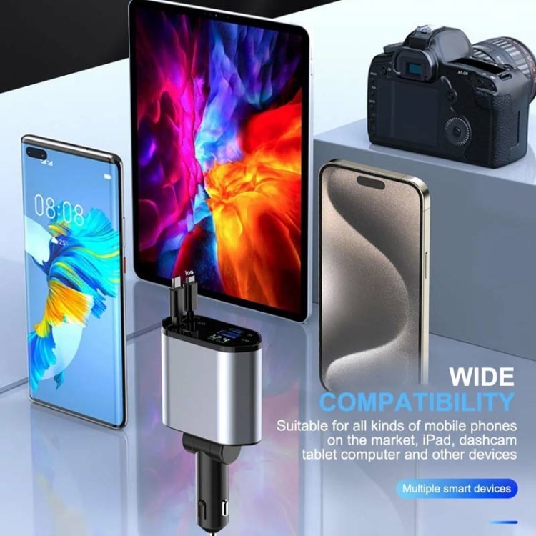USB+Type-C Dual Port Fast Charging Cigarette Lighter Car Charger with Retractable Cable - Type-C+Type-C