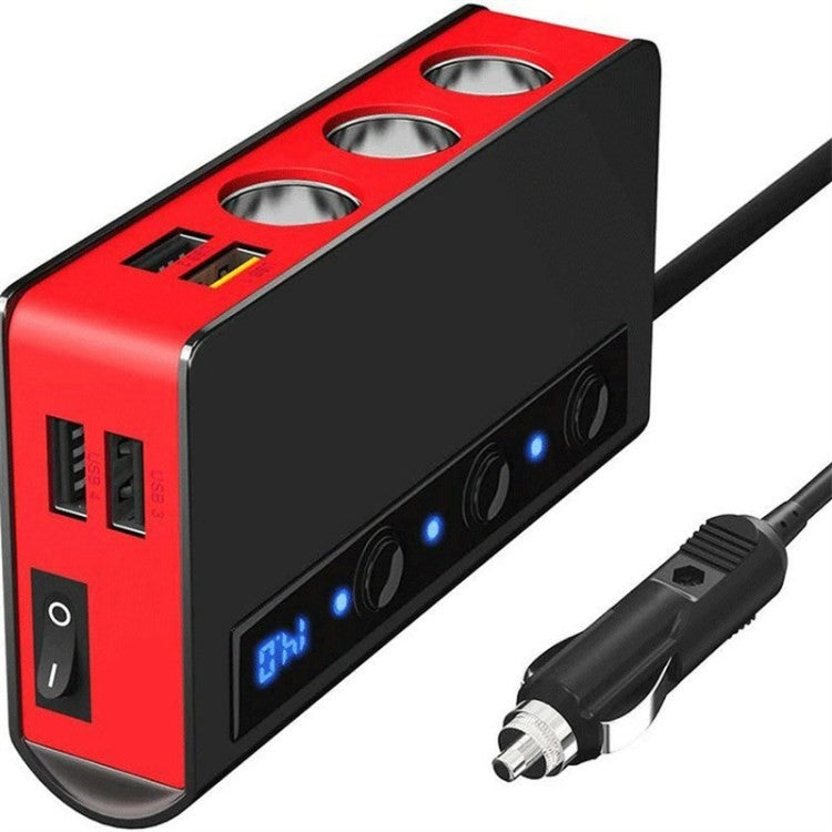180W Car Charger 3 Cigarette Lighter Sockets 4 USB Ports QC3.0 Phone Fast Charging Adapter - Black / Red