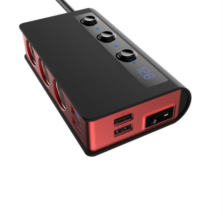 180W Car Charger 3 Cigarette Lighter Sockets 4 USB Ports QC3.0 Phone Fast Charging Adapter - Black / Red