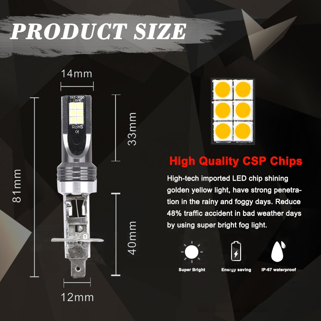 2 PCS H1 DC12V-24V / 12W / 3000K / 800LM 12LEDs SMD-3030 Car LED Fog Light (Yellow Light)