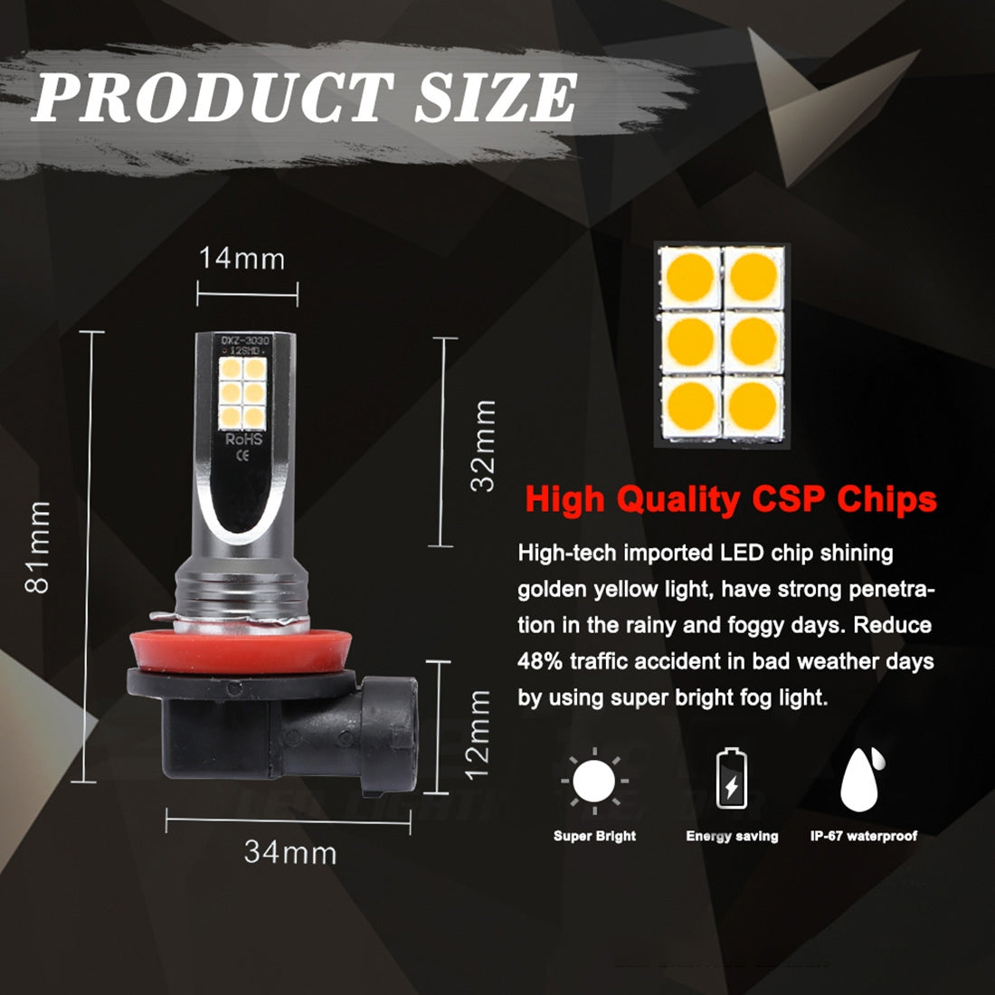 2 PCS H11 / H8 DC12V-24V / 12W / 3000K / 800LM 12LEDs SMD-3030 Car LED Fog Light (Yellow Light)