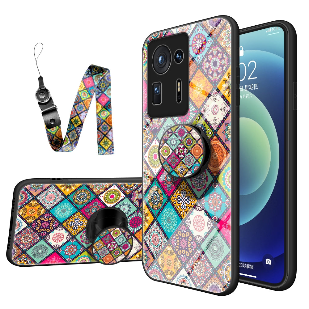 For Xiaomi Mi Mix 4 Painted Ethnic Pattern Tempered Glass TPU Shockproof Case with Folding Magnetic Holder & Neck Strap(Checkered)
