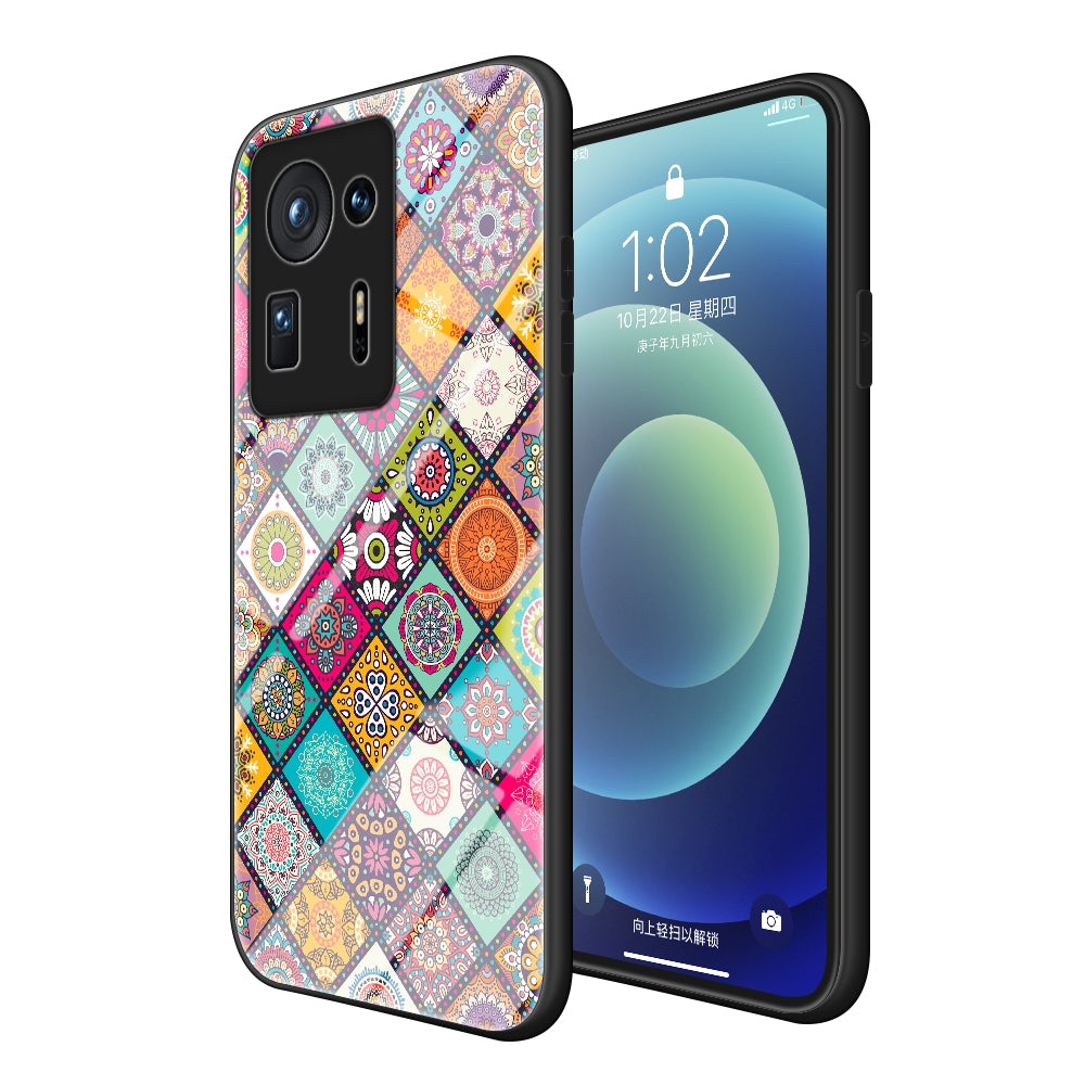 For Xiaomi Mi Mix 4 Painted Ethnic Pattern Tempered Glass TPU Shockproof Case with Folding Magnetic Holder & Neck Strap(Checkered)