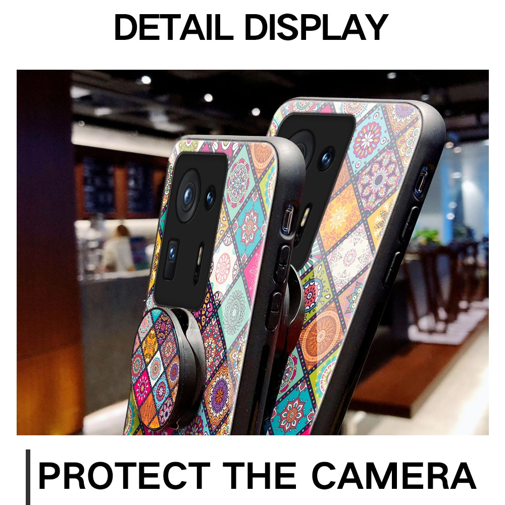 For Xiaomi Mi Mix 4 Painted Ethnic Pattern Tempered Glass TPU Shockproof Case with Folding Magnetic Holder & Neck Strap(Checkered)