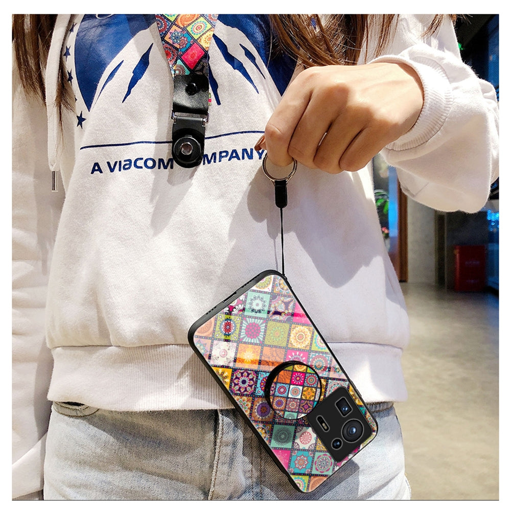 For Xiaomi Mi Mix 4 Painted Ethnic Pattern Tempered Glass TPU Shockproof Case with Folding Magnetic Holder & Neck Strap(Checkered)