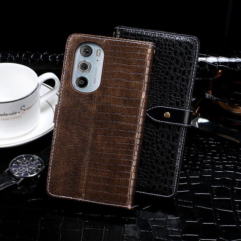 For Motorola Edge 30 Pro idewei Crocodile Texture Leather Phone Case(Black)