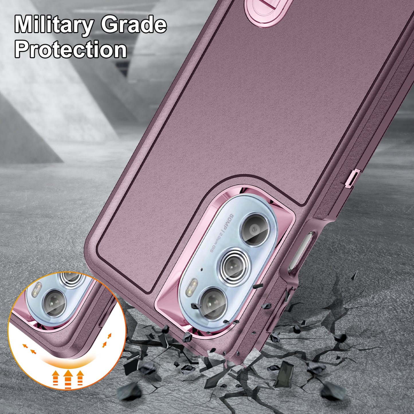 For Motorola Edge 30 Pro 3 in 1 Rugged Holder Phone Case(Purple + Pink)