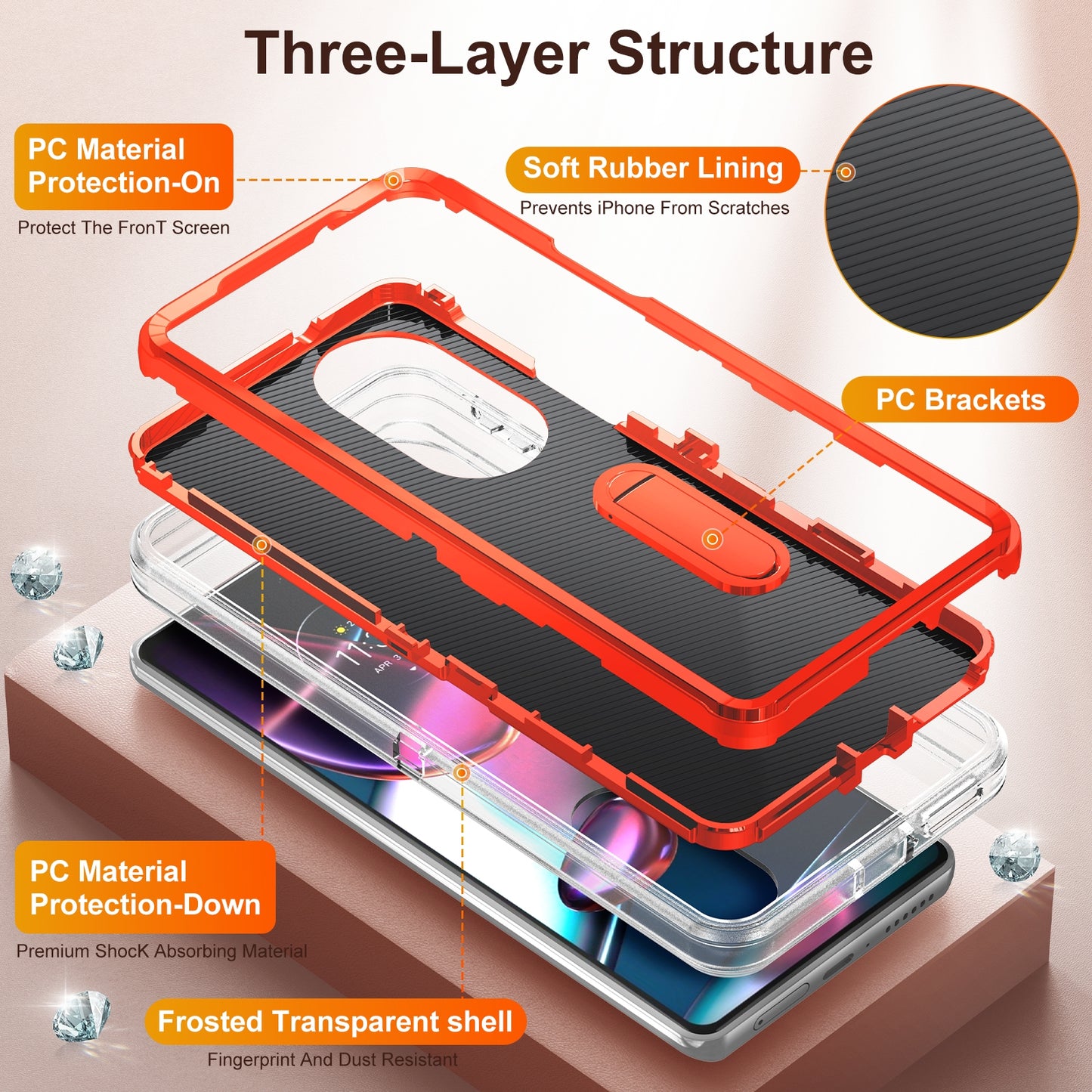 For Motorola Edge 30 Pro 3 in 1 Rugged Holder Phone Case(Transparent + Orange)