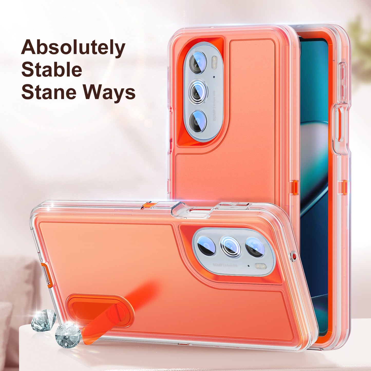 For Motorola Edge 30 Pro 3 in 1 Rugged Holder Phone Case(Transparent + Orange)