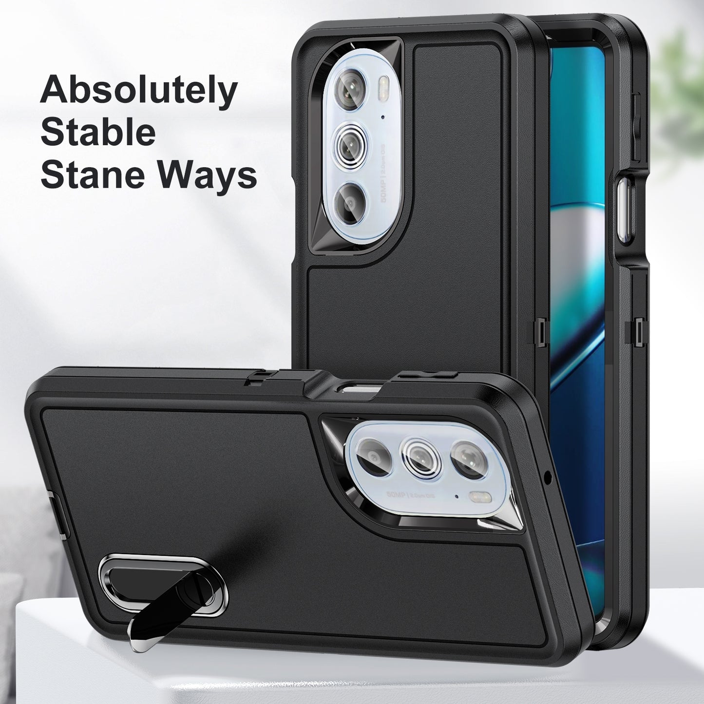 For Motorola Edge 30 Pro 3 in 1 Rugged Holder Phone Case(Black + Black)