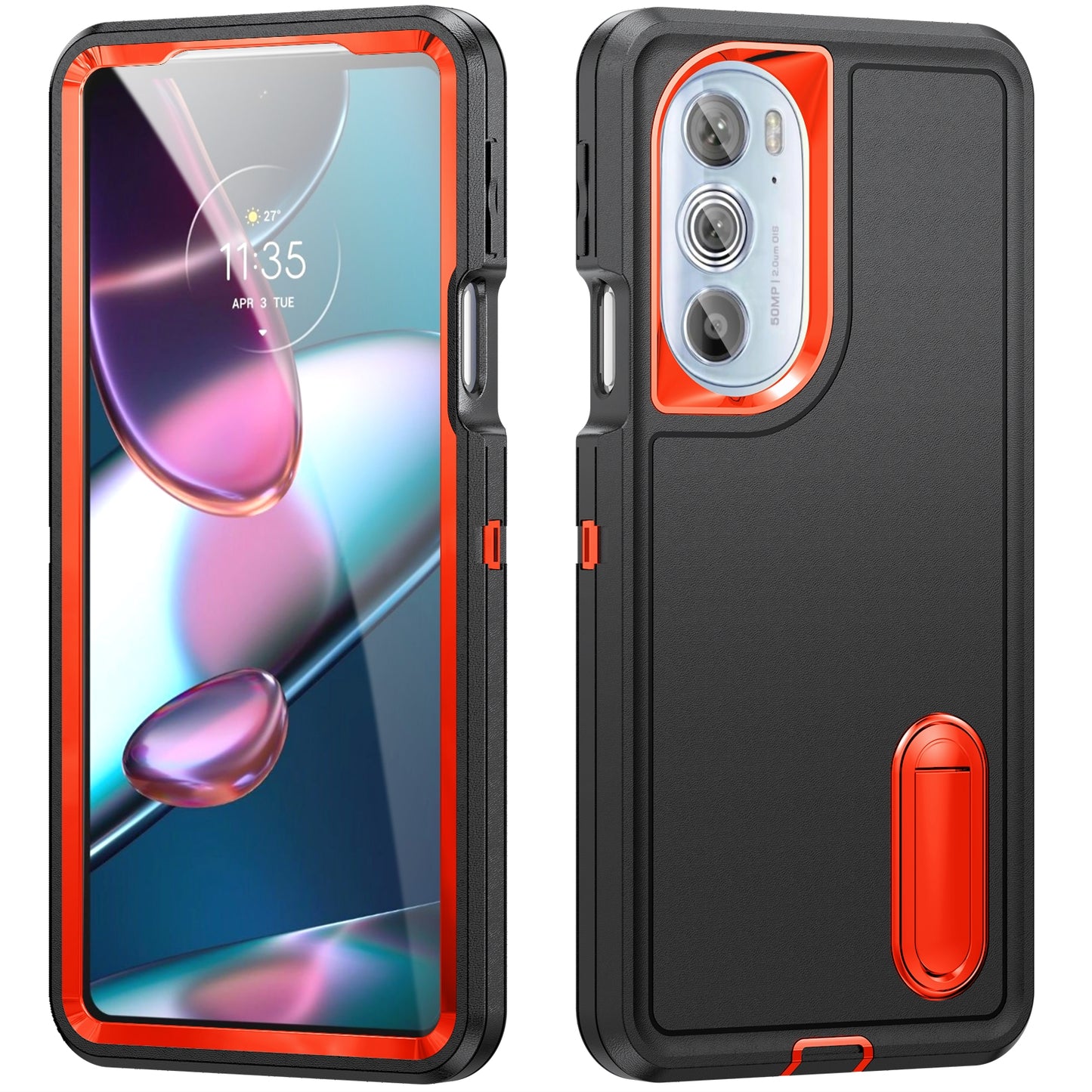 For Motorola Edge 30 Pro 3 in 1 Rugged Holder Phone Case(Black + Orange)