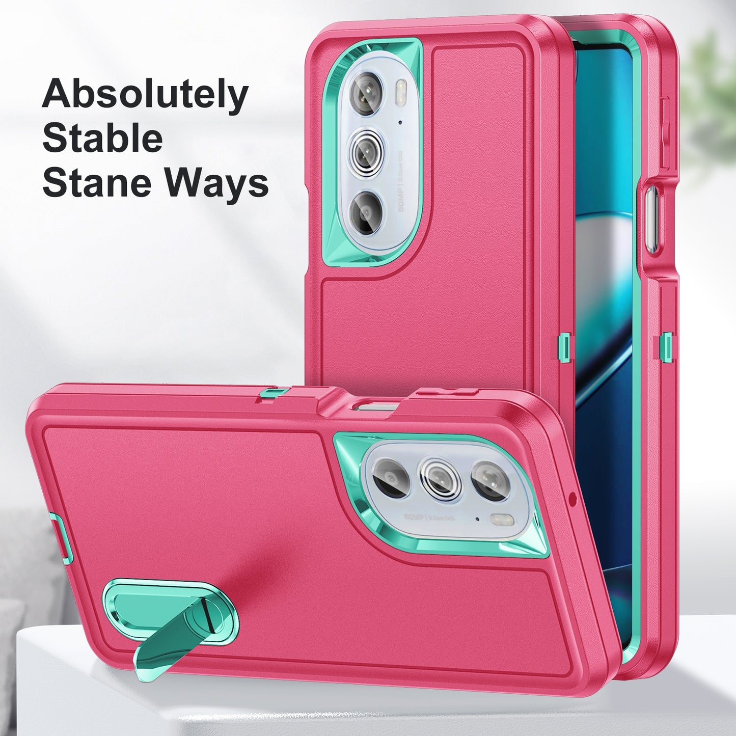 For Motorola Edge 30 Pro 3 in 1 Rugged Holder Phone Case(Pink + Blue)