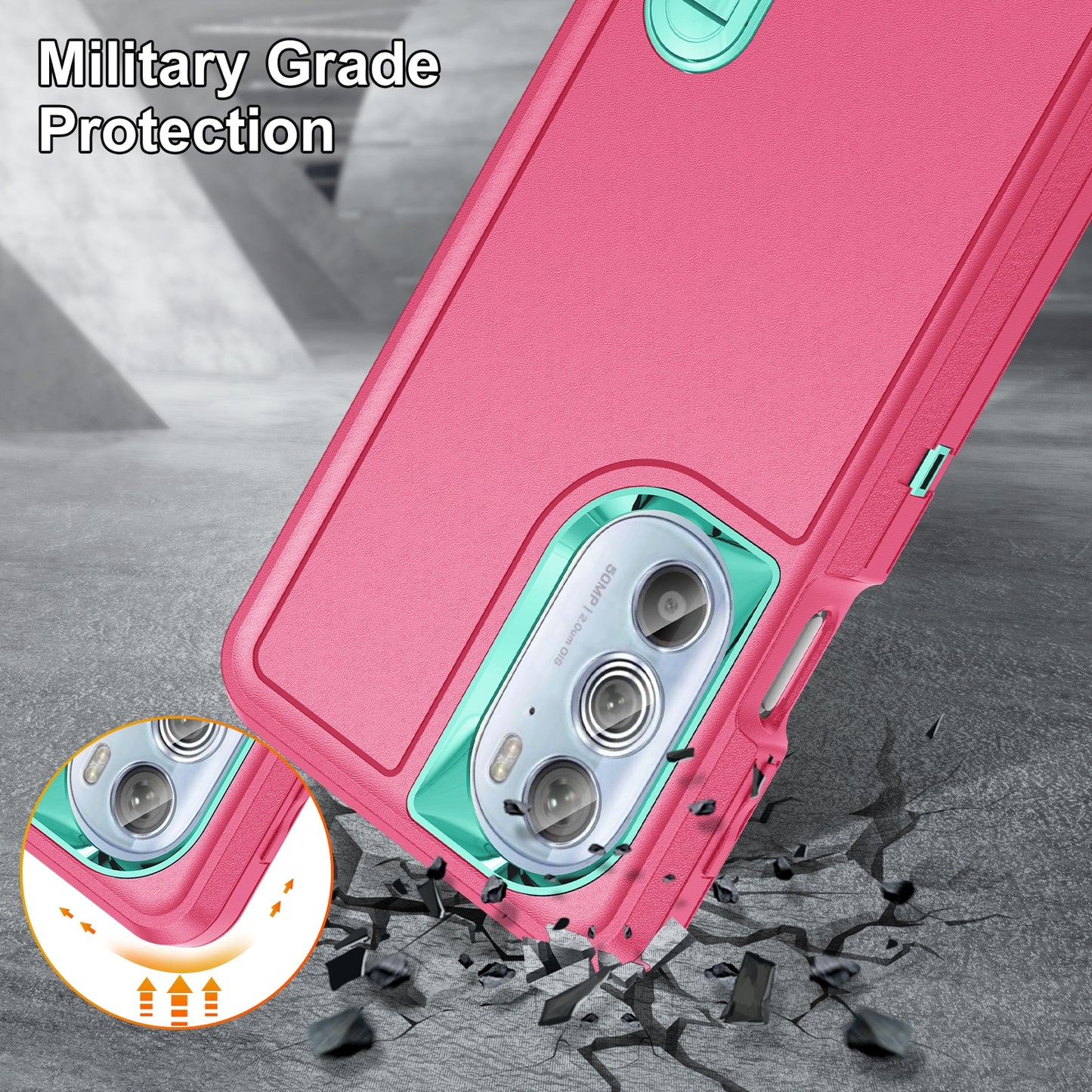 For Motorola Edge 30 Pro 3 in 1 Rugged Holder Phone Case(Pink + Blue)