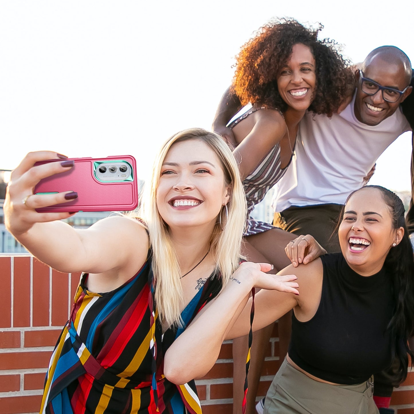 For Motorola Edge 30 Pro 3 in 1 Rugged Holder Phone Case(Pink + Blue)