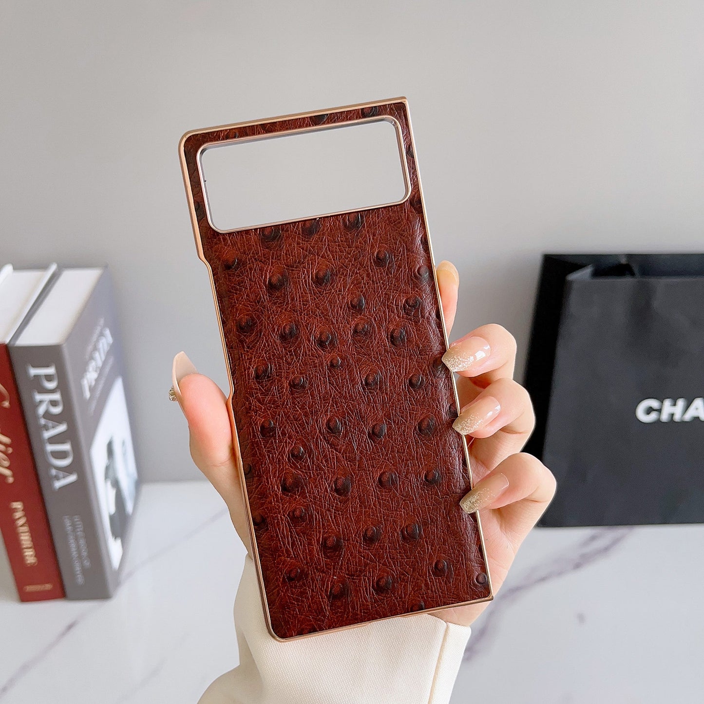 For Xiaomi Mix Fold 2 Genuine Leather Ostrich Texture Nano Plating Phone Case(Coffee)