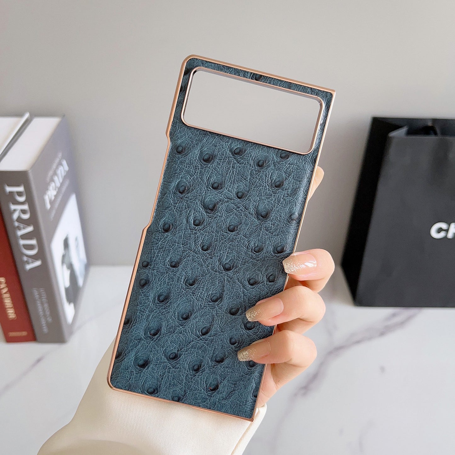 For Xiaomi Mix Fold 2 Genuine Leather Ostrich Texture Nano Plating Phone Case(Blue)