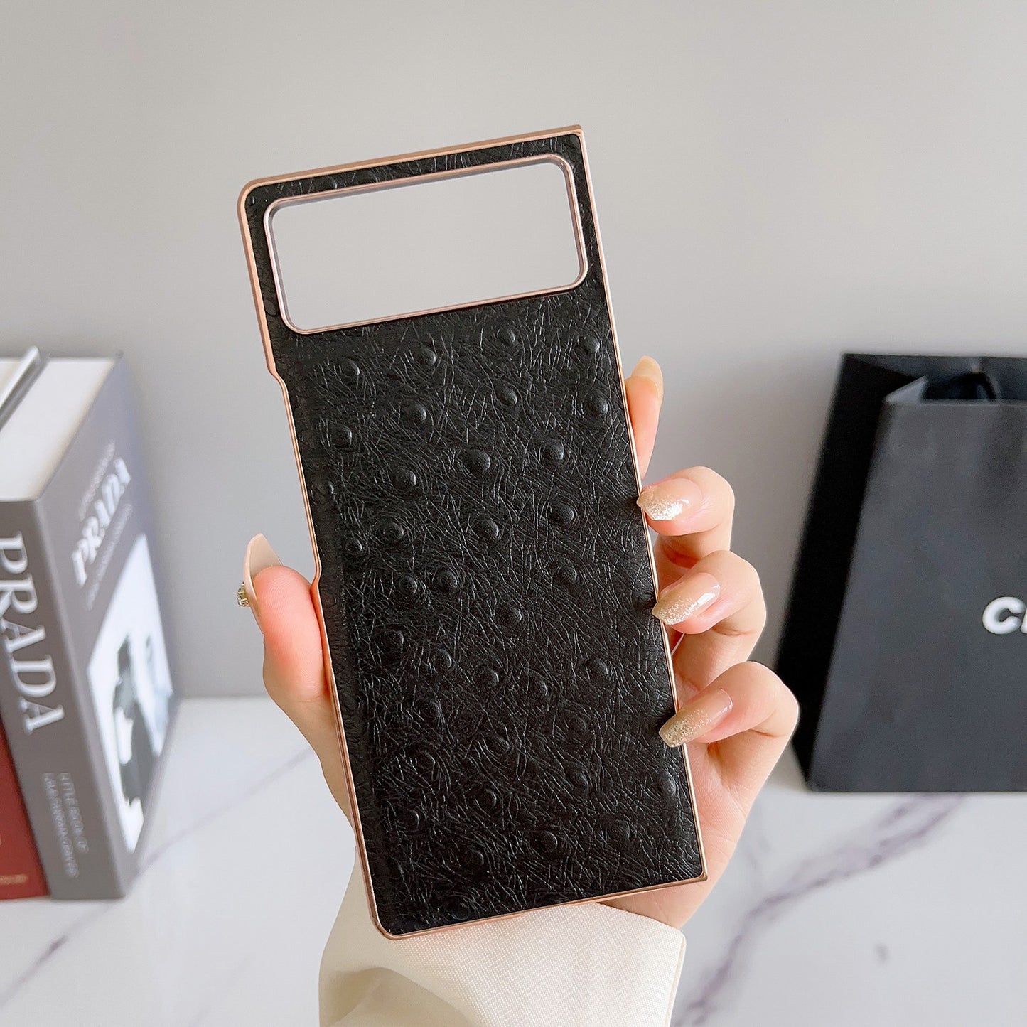 For Xiaomi Mix Fold 2 Genuine Leather Ostrich Texture Nano Plating Phone Case(Black)