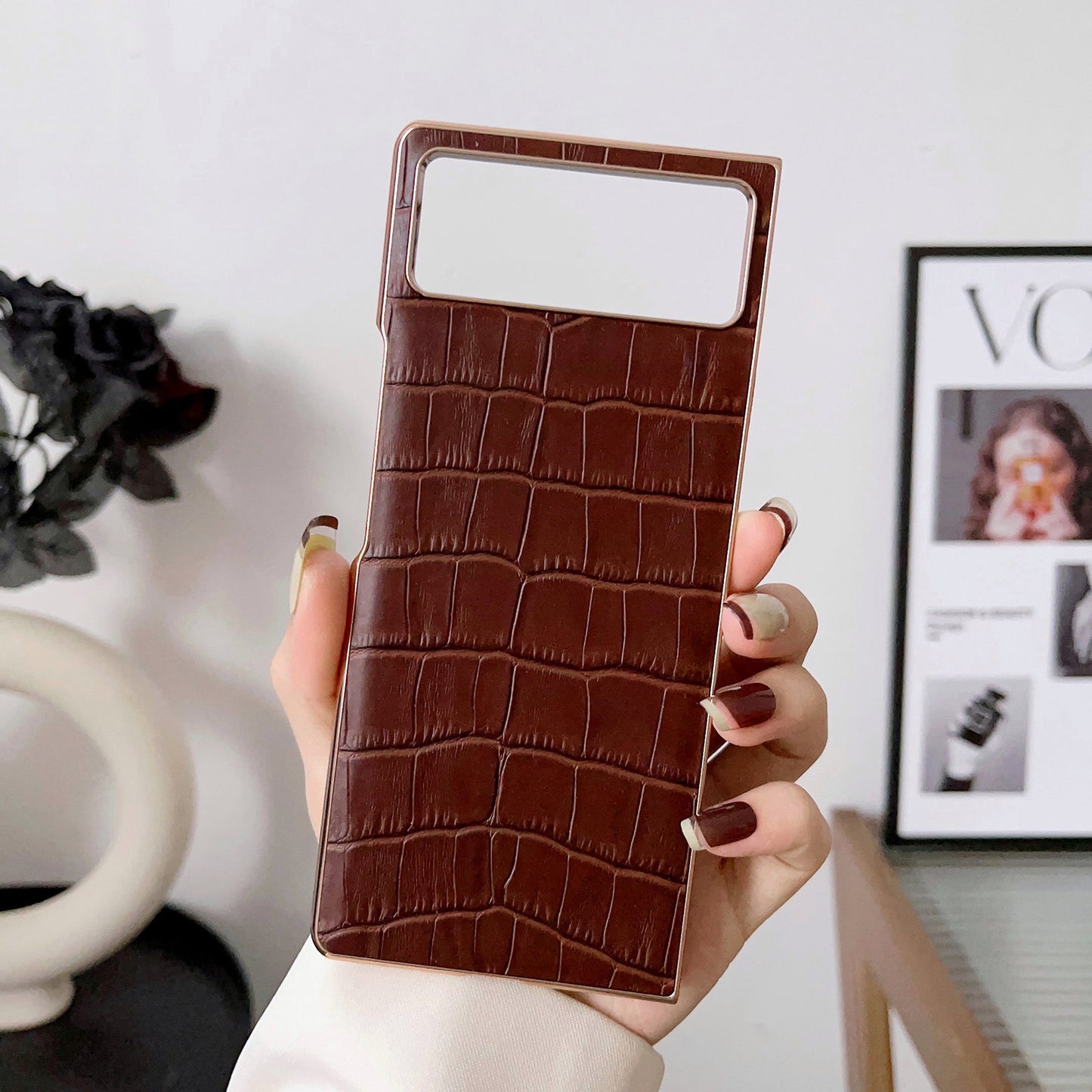 For Xiaomi Mix Fold 2 Crocodile Texture Genuine Leather Electroplating Phone Case(Brown)