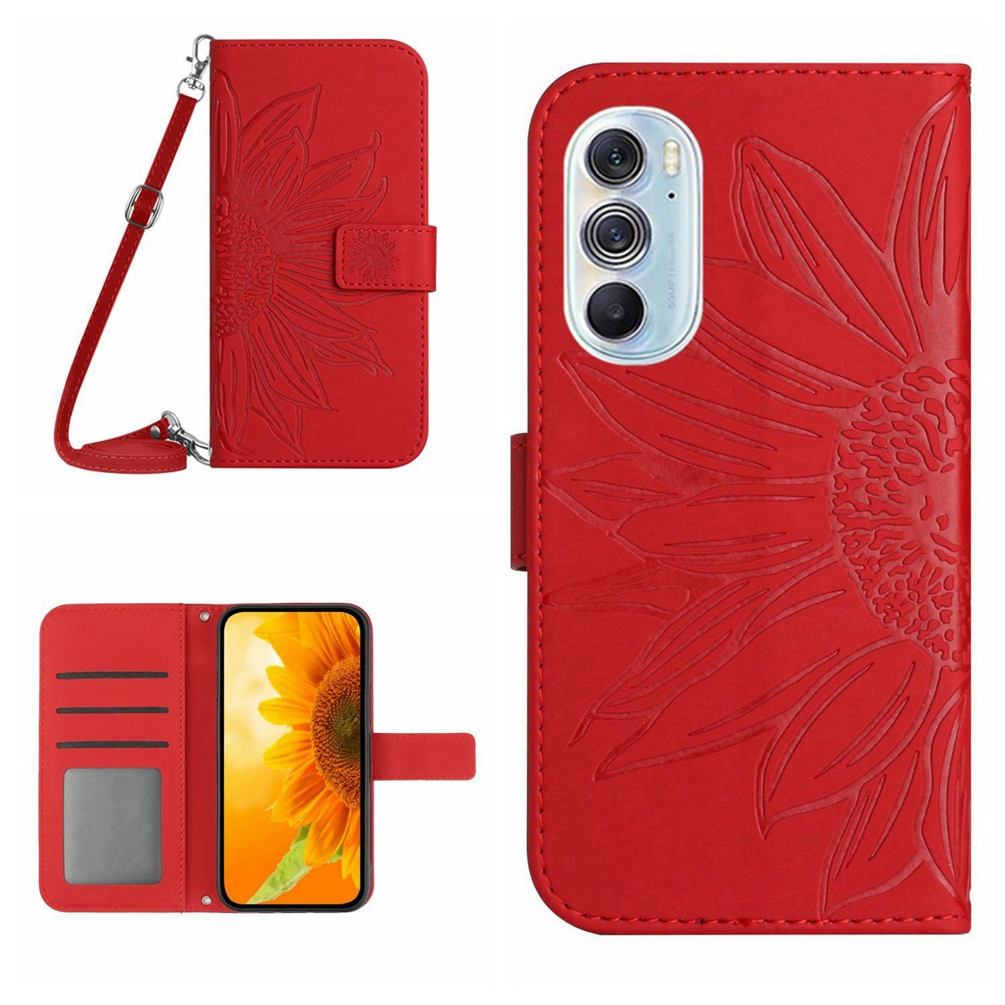 For Motorola Moto Edge 30 Pro Skin Feel Sun Flower Pattern Flip Leather Phone Case with Lanyard(Red)